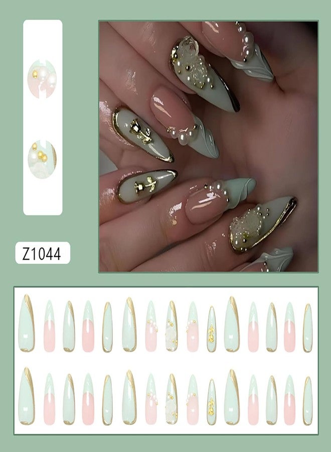 CJDLTS 24Pcs Green French Tip Press on Nails Long Length Gold Rose Flower and Pearl Design 3D Acrylic False Nail Full Cover Artificial Stick on Nails Almond Saped Press Ons Glue on Nails for Women - Image 2